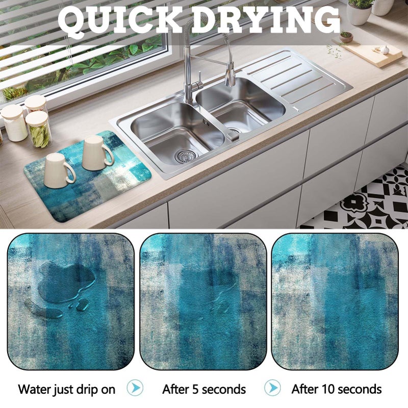 MCALK Turquoise Dish Drying Mat for Kitchen Counter, Teal Dish Drying Pad with Anti-Slip Rubber Base, Absorbent Kitchen Sink Mat with Abstract Art Decor (1 pc 18" x 16") - Image 2