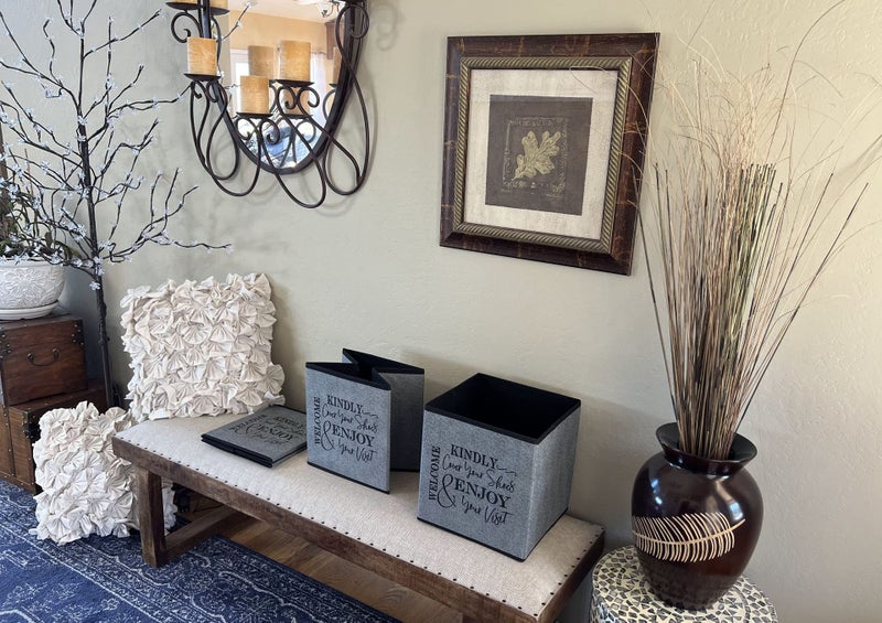 Life Charge Shoe Cover Box - Welcome Guests to Please Cover Shoes. Indoor Foldable Storage Bin to Fill w/your Favorite Booties. For Homeowner, Real Estate Agent, Realtor Open House Supplies | 1 Grey & Black - Image 4
