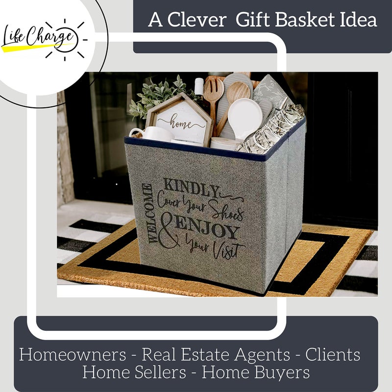 Life Charge Shoe Cover Box - Welcome Guests to Please Cover Shoes. Indoor Foldable Storage Bin to Fill w/your Favorite Booties. For Homeowner, Real Estate Agent, Realtor Open House Supplies | 1 Grey & Black - Image 5
