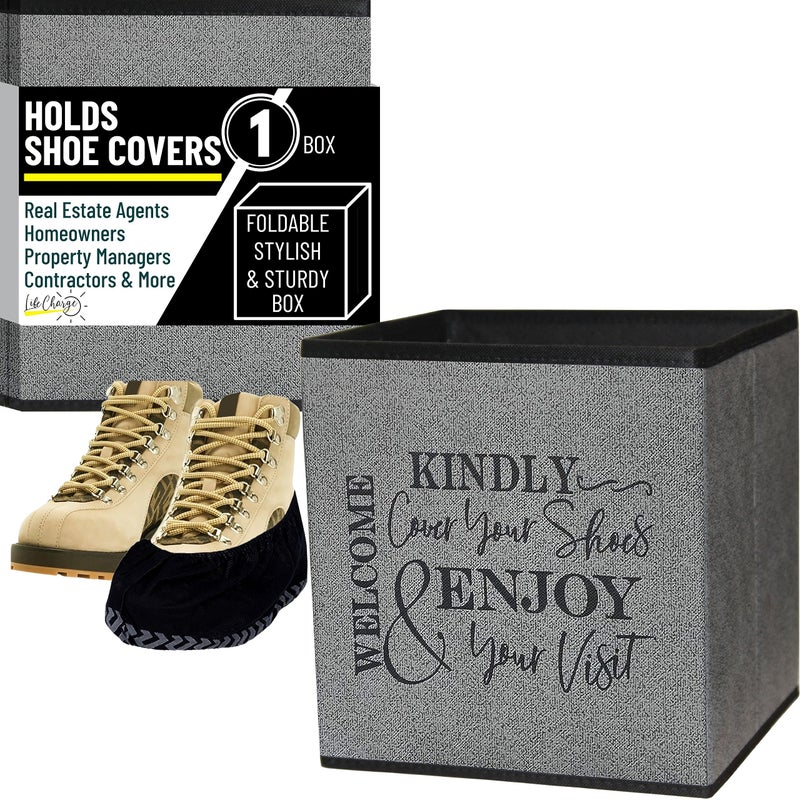 Life Charge Shoe Cover Box - Welcome Guests to Please Cover Shoes. Indoor Foldable Storage Bin to Fill w/your Favorite Booties. For Homeowner, Real Estate Agent, Realtor Open House Supplies | 1 Grey & Black - Image 2