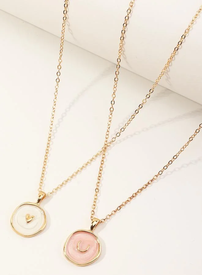 Pack of 2 - Girls Multi-Color Enamel Heart and Crescent Pendant Necklaces