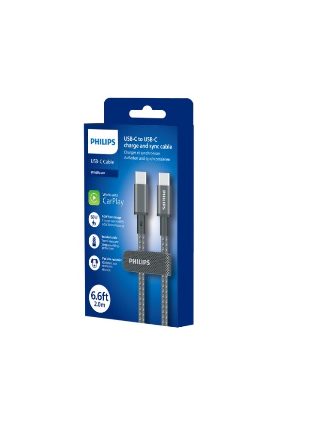Philips USB-C to USB-C Cable 2m 60W PD (DLC5060C/00) – Fast Charging & Data Sync, Braided Design – Black - Image 5