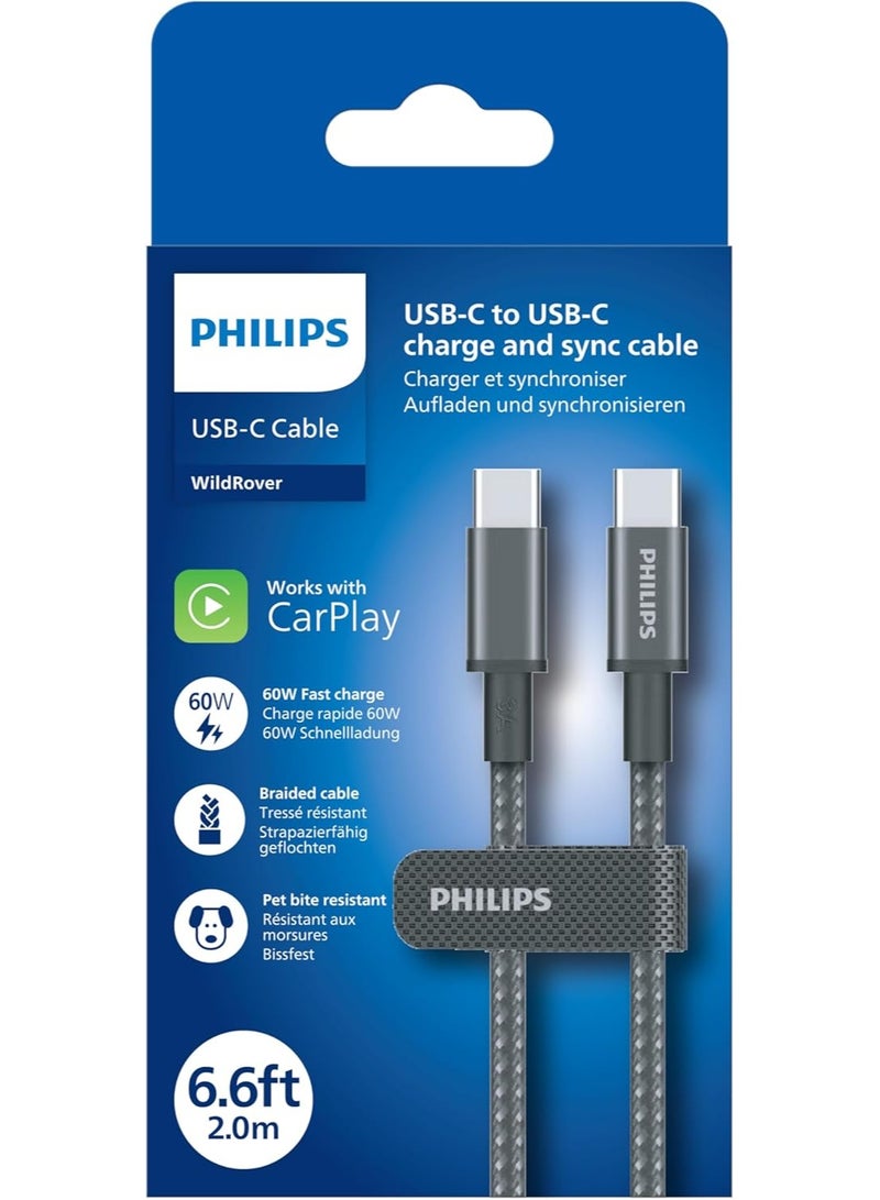 Philips USB-C to USB-C Cable 2m 60W PD (DLC5060C/00) – Fast Charging & Data Sync, Braided Design – Black - Image 2
