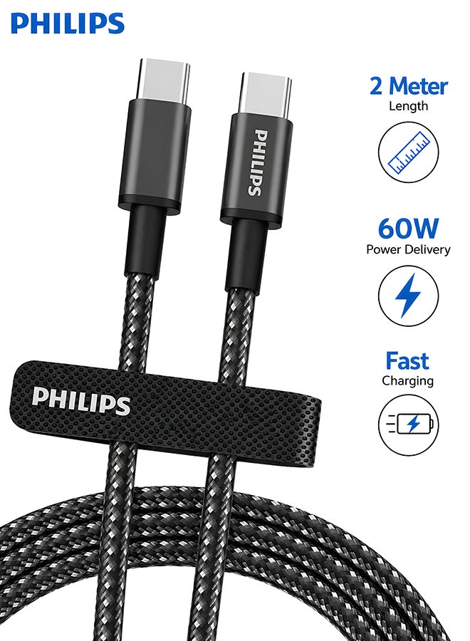 فيليبس كابل USB-C إلى USB-C بطول 2م 60W PD (DLC5060C/00) – شحن سريع ومزامنة بيانات، تصميم مضفر – - Image 1