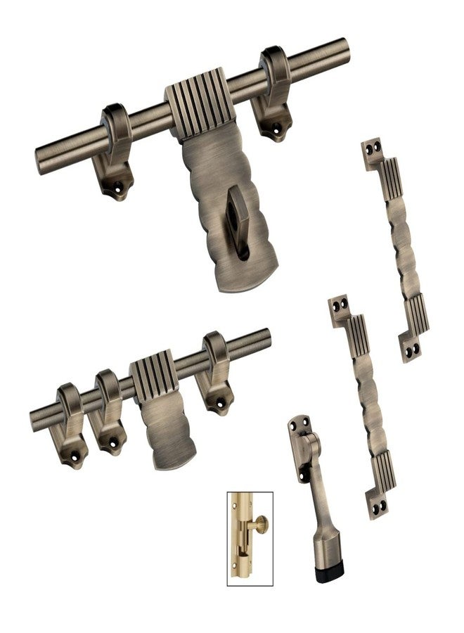 DUKE |Single Door Fittings & Kit | Curve(10"-1 Aldrop, 8"-1 Latch, 2 Handles, 1 Tower Bolt and 1 Door Stopper) | Brass Antique Finish | Designer Door Hardware (Cloud) - Image 1