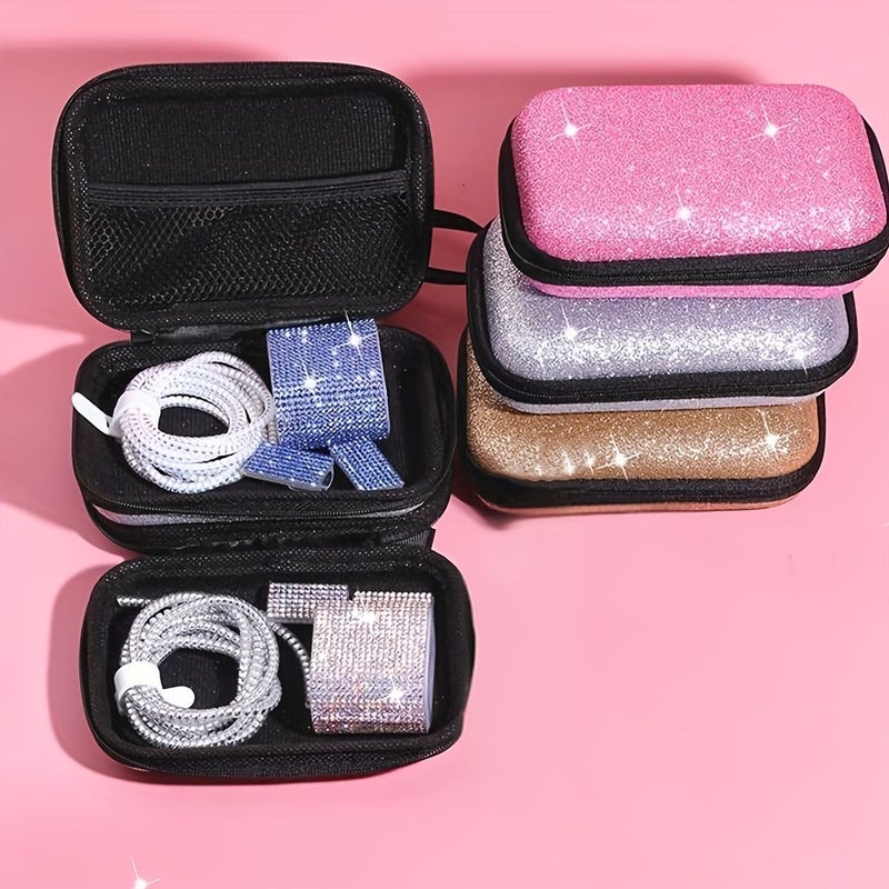 Purple EVA Portable Hard Case For Data Cable Charger Headphone Storage With Mesh Pocket - Image 4