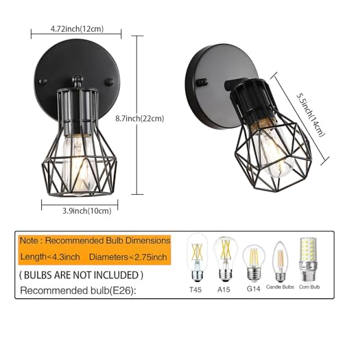 BANGANMA Industrial Hardwired Wall Sconces Set of Two, Small Farmhouse Wire Cage Wall Lighting Sconce, Wall Lights for Living Room Bedroom Bathroom Hallway - Image 2
