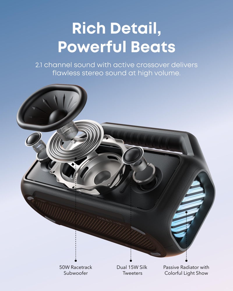 Soundcore Boom 2 Outdoor Speaker, 80W, Subwoofer, BassUp 2.0, 24H Playtime, IPX7 Waterproof, Floatable, RGB Lights, USB-C, Custom EQ, Bluetooth 5.3, Portable for Outdoors, Camping (Renewed) - Image 4