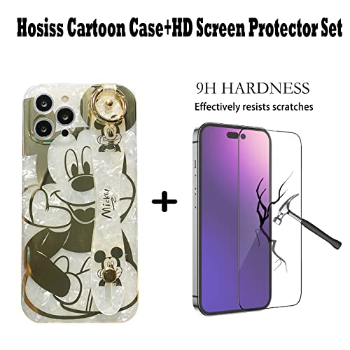 Hosiss Cartoon Case for iPhone 13 Pro 6.1" with HD Screen Protector, Mickey Mouse with Wrist Strap Kickstand Metal Chain Strap Soft TPU Shockproof Protective for Girls Women - Image 2