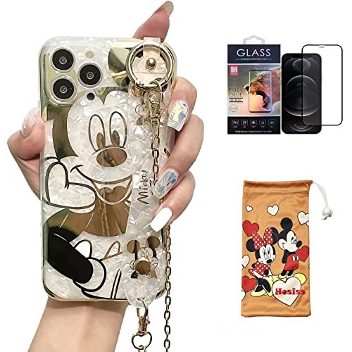 Hosiss Cartoon Case for iPhone 13 Pro 6.1" with HD Screen Protector, Mickey Mouse with Wrist Strap Kickstand Metal Chain Strap Soft TPU Shockproof Protective for Girls Women - Image 1