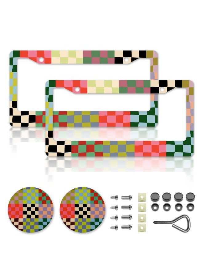 DGDRHZ Checkered License Plate Frames，Checkered Car Accessories for Women，Cute Licens,e Plate Holder，Aluminum License Plate Frame Fits Standard US Vehicles Size 12.2 x 6 Inch (Multicolor-2pcs) - Image 1