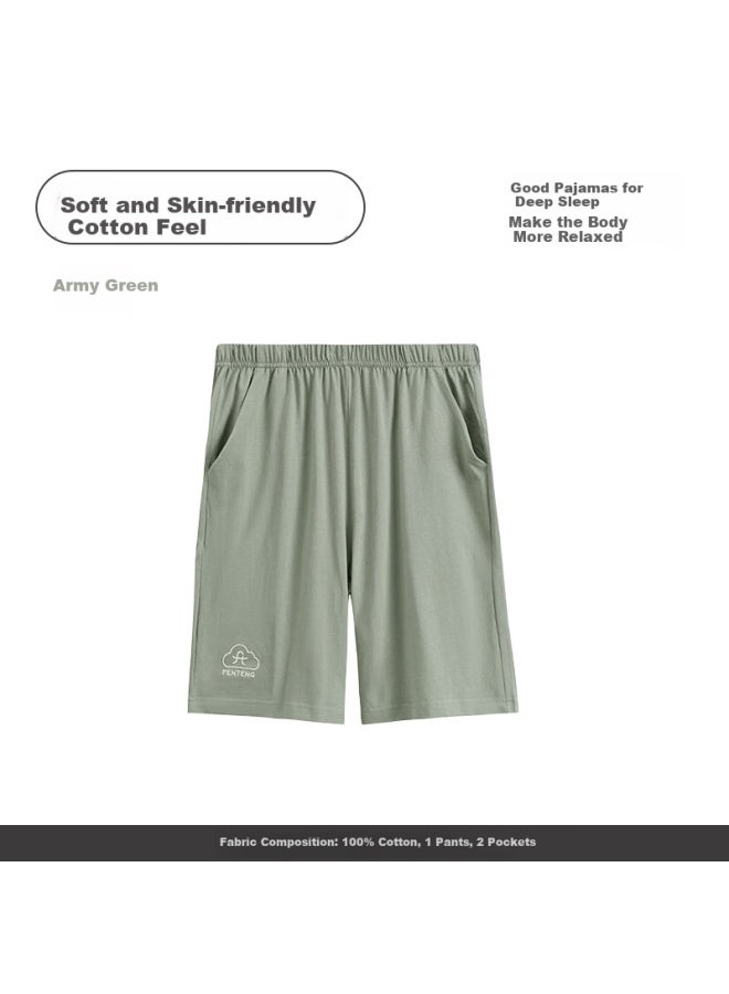 Fenton Fenteng Men'S Sleep Shorts, Summer Pure Cotton Shorts, Sports Casual Five-Point Pants, All-Cotton Loungewear, Army Green, L - Image 1