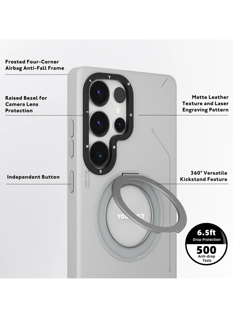 YOUNG KIT Leather 360° Rotating Magnetic Stand Case for Samsung Galaxy S25 Ultra – White, Elegant Design with Built-in Kickstand - Image 3