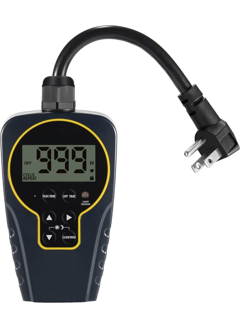 Techbee 1 s to 999 h Short/Long On-Off Interval Repeat Cycle Timer Plug Outlet with Countdown and Light Sensor, Waterproof for Outdoor (15A ¾HP)  - Image 1