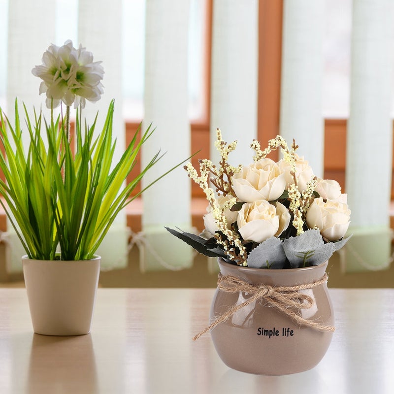 Ceramic Vase Artificial Silk Rose Flower Potted Home Desktop Decoration Ornament White - Image 4