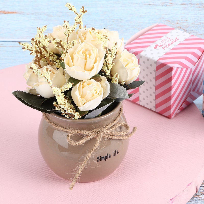 Ceramic Vase Artificial Silk Rose Flower Potted Home Desktop Decoration Ornament White - Image 2