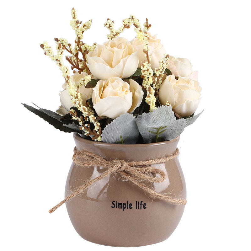 Ceramic Vase Artificial Silk Rose Flower Potted Home Desktop Decoration Ornament White - Image 1