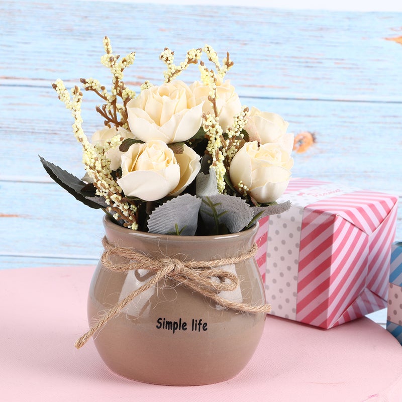 Ceramic Vase Artificial Silk Rose Flower Potted Home Desktop Decoration Ornament White - Image 3
