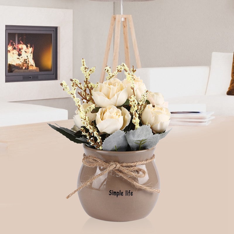 Ceramic Vase Artificial Silk Rose Flower Potted Home Desktop Decoration Ornament White - Image 5