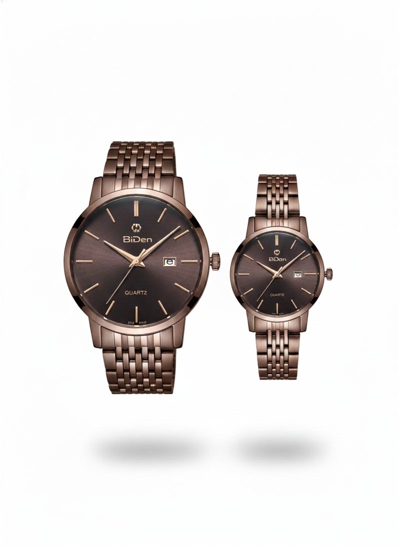BiDen Luxury Couple Watch Set | Matching His and Hers Timepieces | Elegant Coffee Brown Stainless Steel Mesh Bracelet | Minimalist Sunray Dial with Date Display