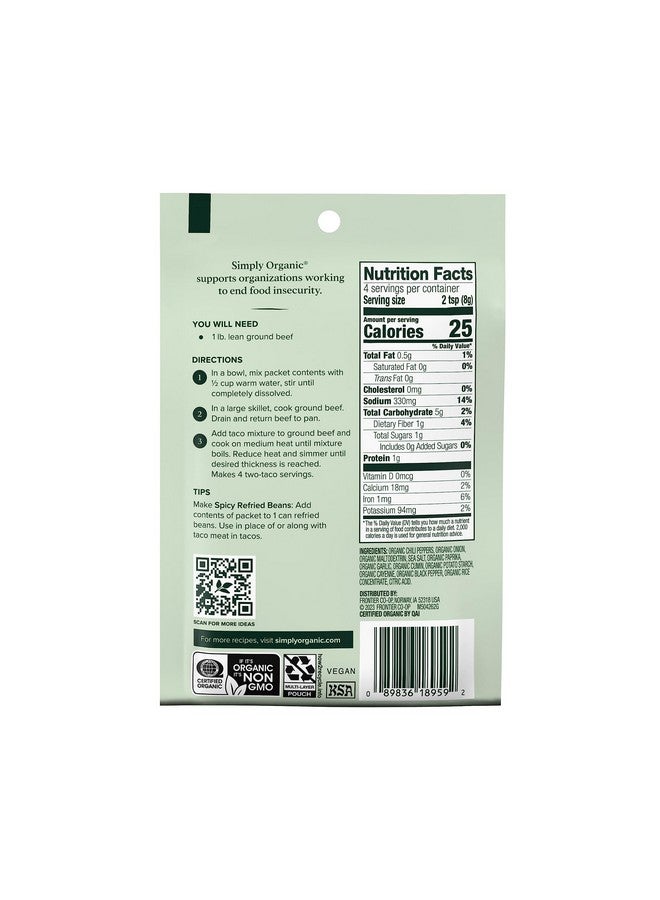 Simply Organic Spicy Taco Seasoning Mix, 1.13 Ounce Packet, Earthy Spice, Kosher, No Artificial Ingredients (Pack of 12) - Image 2