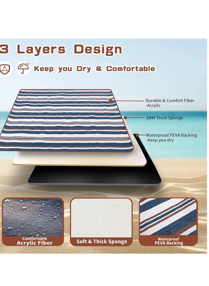 Picnic Beach Blankets Machine Washable, Extra Large Waterproof Mat, 3-Layer Travel Beach Blankets, Great Gifts for Adults Camping, Spring Summer Camping, Park, Travel Grass (Blue and White) - Image 3