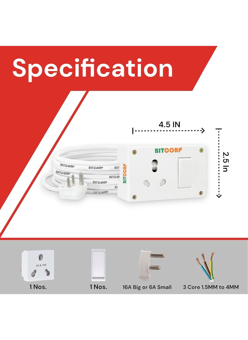 BITCORP Bitcorp Extension Cord 6A to 16A Converter 15A 16A 20A for Small and Heavy Duty Appliances 1 Way Single Pin Outlet Plug 1 Switch 2500W Spike Guard Power Strip with 2 Meter Long Cable Cord White  - Image 3