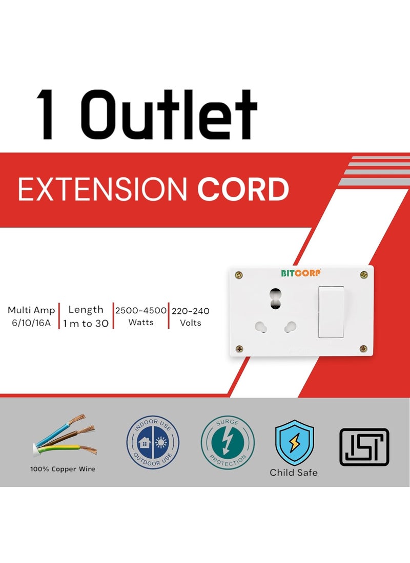 BITCORP Bitcorp Extension Cord 6A to 16A Converter 15A 16A 20A for Small and Heavy Duty Appliances 1 Way Single Pin Outlet Plug 1 Switch 2500W Spike Guard Power Strip with 2 Meter Long Cable Cord White  - Image 2