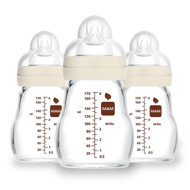 MAM Premium Glass Baby Bottles, Easy Switch Between Breast and Bottle, Feel Good Slow Flow, Newborn Essentials Must Have, 0+ Months, BPA Free, 6oz, Unisex, 3 Pack - Image 1