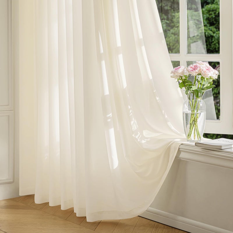 FMFUNCTEX Sheer Non-See-Through Taupe Curtains for Bedroom, Faux Silk That Let Light Curtains 84 inches Long Light Filtering Privacy Sheer Window Drapes for Living Room, Rod Pocket 2 Panels Set - Image 1