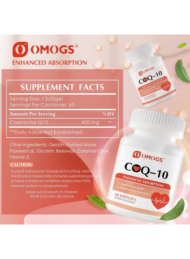 OMOGS CoQ10 400mg Softgels, Coenzyme Q10 High Absorption Supplements Support Heart Health, Cardiovascular Health, Immune System & Cellular Energy Production, Gluten Free, 60 Softgels - Image 2
