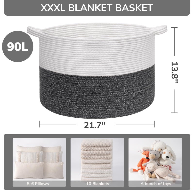 INDRESSME XXXLarge Cotton Rope Basket 21.7" x 21.7" x 13.8" Woven Baby Laundry Baskets Blanket Basket Toy Baskets with Handle Storage Comforter Cushions Gray Laundry Hamper - Image 3