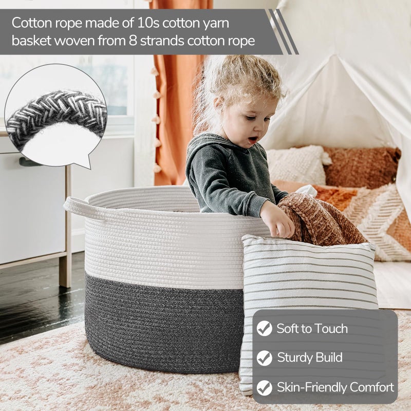 INDRESSME XXXLarge Cotton Rope Basket 21.7" x 21.7" x 13.8" Woven Baby Laundry Baskets Blanket Basket Toy Baskets with Handle Storage Comforter Cushions Gray Laundry Hamper - Image 2