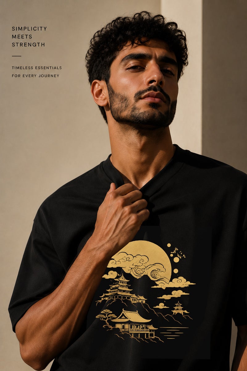 Men's Oversized Black T-Shirt with Japanese Castle Moon Graphic Casual Short Sleeve Crew Neck Streetwear Tee - Image 5