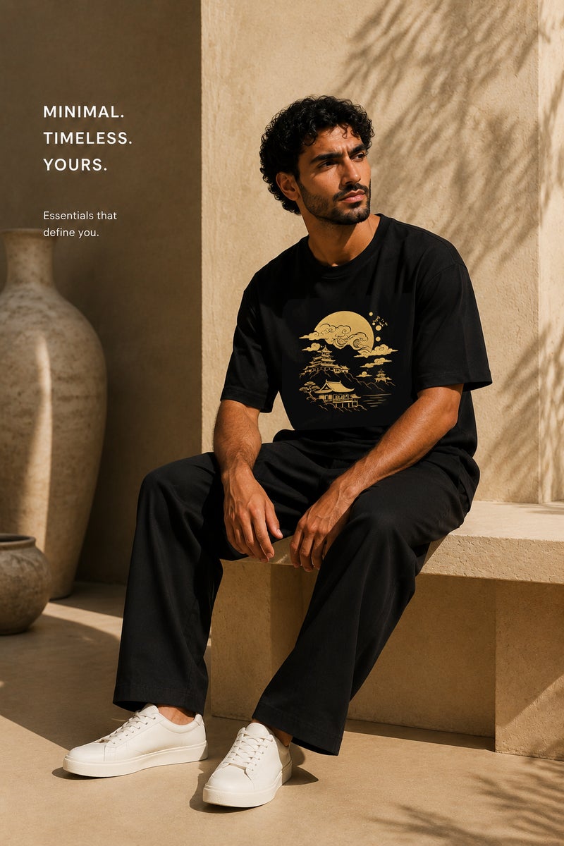 Men's Oversized Black T-Shirt with Japanese Castle Moon Graphic Casual Short Sleeve Crew Neck Streetwear Tee - Image 4