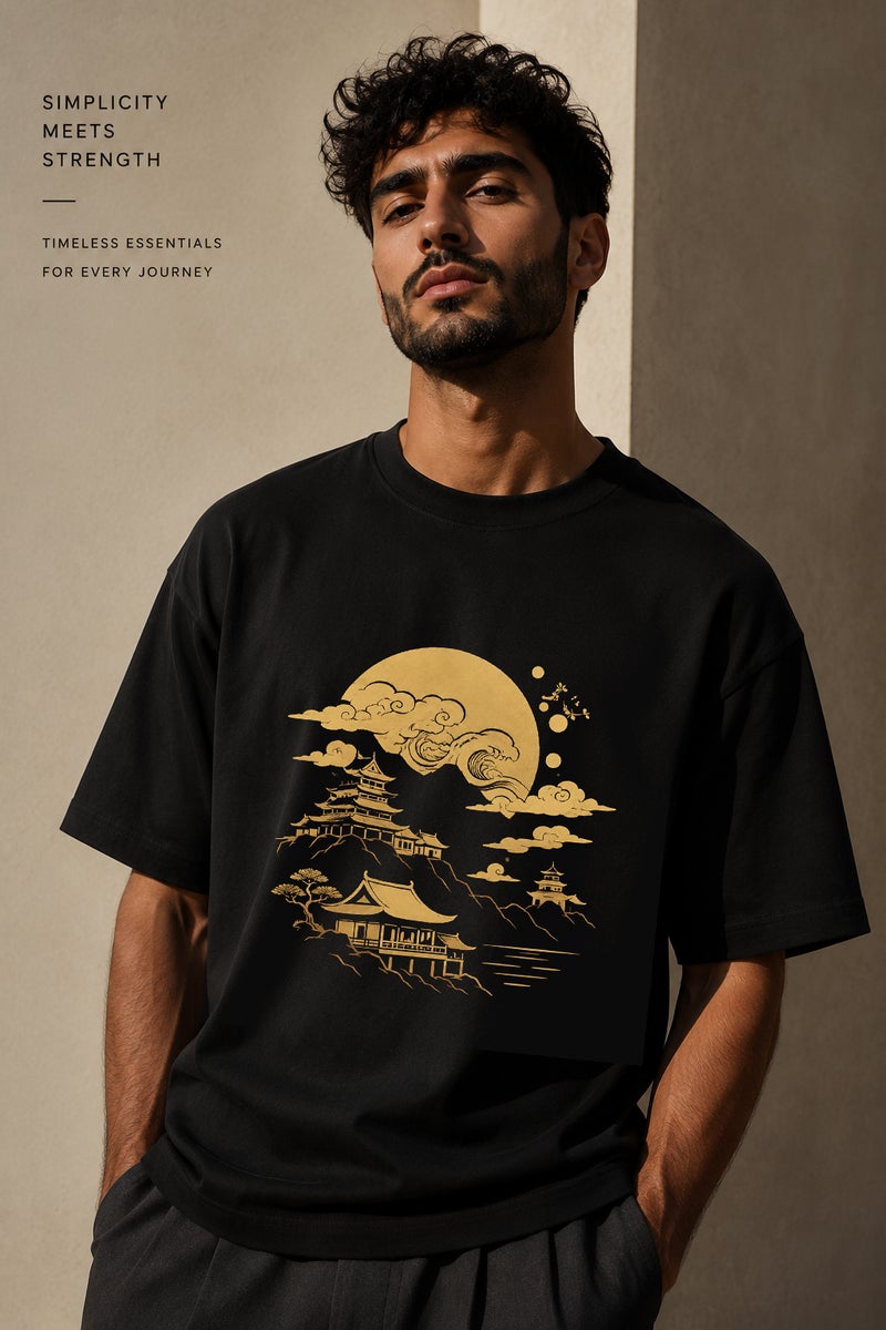 Men's Oversized Black T-Shirt with Japanese Castle Moon Graphic Casual Short Sleeve Crew Neck Streetwear Tee - Image 1