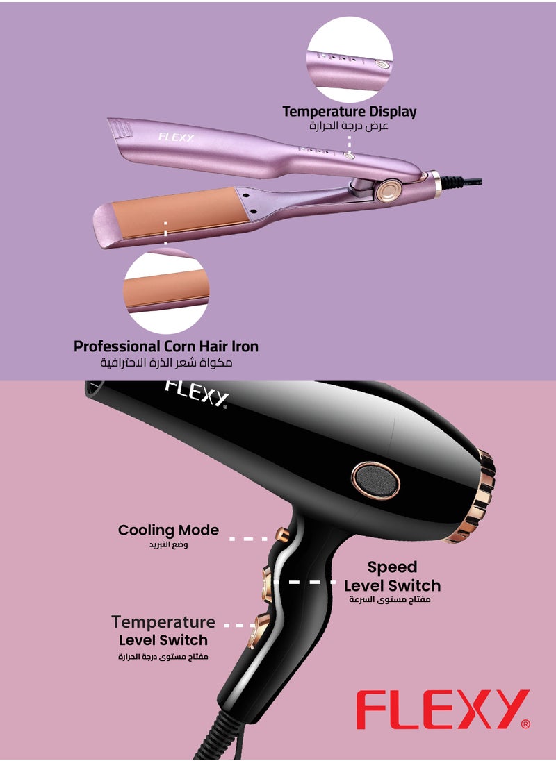 Flexy Flexy 2-in-1 Hair Styling Set – 1250W Powerful Hair Dryer & 50W Straightener Combo in Black/Purple, Dual Voltage, Fast Drying & Smoothing Tool for All Hair Types, Perfect for Home & Travel Use 2 year warranty  - Image 5
