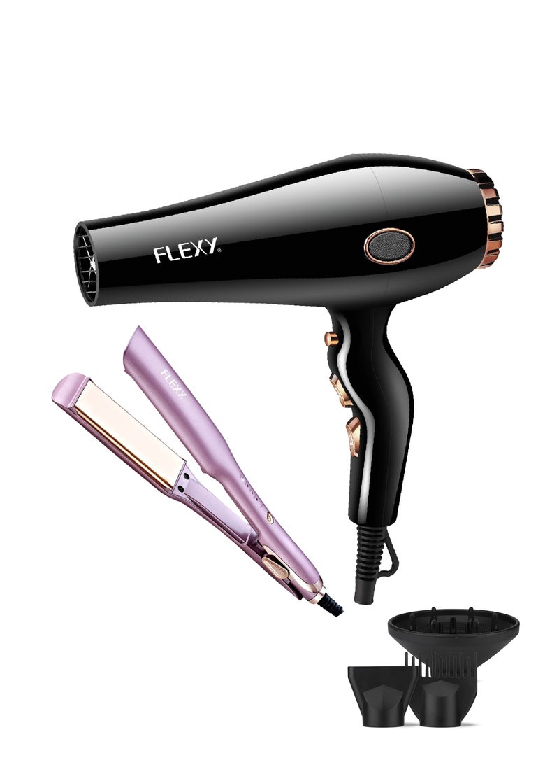Flexy Flexy 2-in-1 Hair Styling Set – 1250W Powerful Hair Dryer & 50W Straightener Combo in Black/Purple, Dual Voltage, Fast Drying & Smoothing Tool for All Hair Types, Perfect for Home & Travel Use 2 year warranty  - Image 1