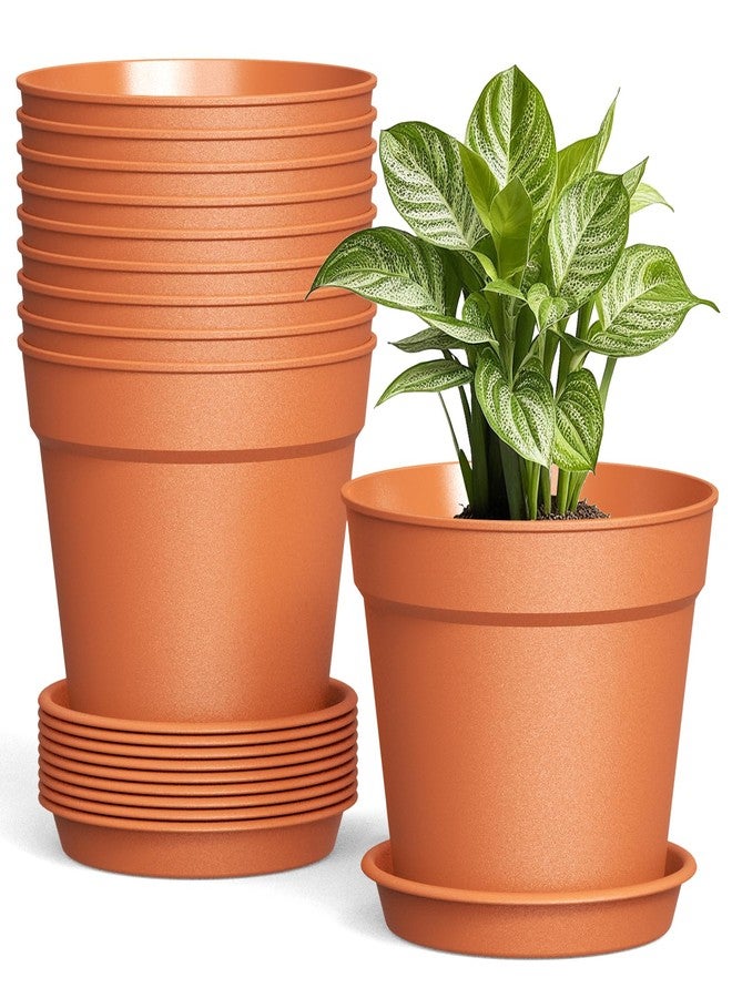 SwinDuck 10 Pack 6 Inch Plant Pots with Drainage and Saucers, White Plastic Flower Pots for Indoor and Outdoor Plants, Stackable Nursery Planters for Houseplants and Herbs, Terracotta - Image 1
