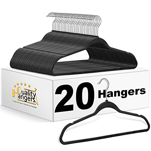 Quality Hangers 20 Pack Plastic Hangers for Clothes - Slim Non-Velvet Hangers with 360° Swivel Chrome Hook & Non Slip Notches - Ideal for Dresses Coats Shirts Jackets & More - Black - Image 1