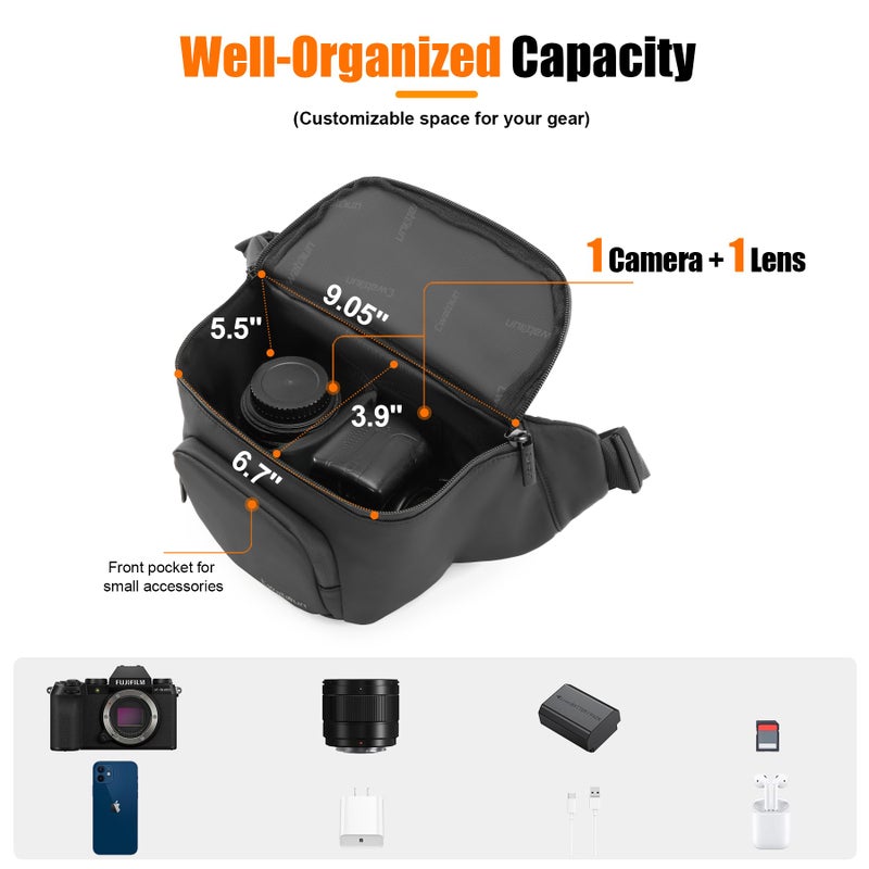 Cwatcun Waterproof Camera Waist Bag Compact Camera Case, Lightweight Portable Fanny Pack, Daily Carry Storage Case Crossbody Bag for Canon, Nikon, Sony, Fuji DSLR/SLR/Mirrorless Camera, Lens, Black - Image 3