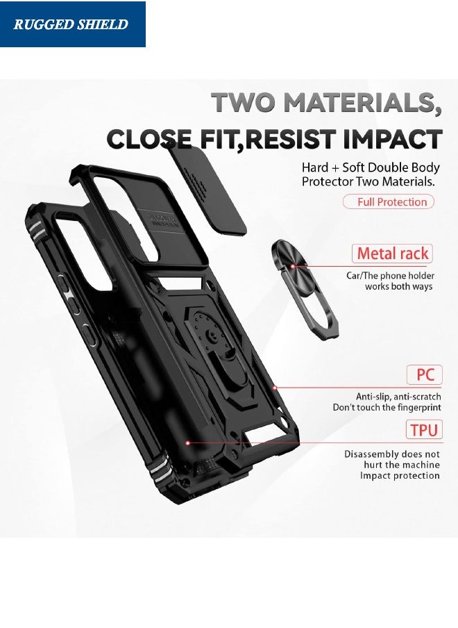 RUGGED SHIELD - Samsung Galaxy A'55 Case, Slide Camera Cover, Built in 360° Rotate Ring Kickstand, Drop Proof Shockproof Protection, Heavy Duty Shockproof Protective Case for Galaxy A'55 5G 6.5 inch, Black - Image 1