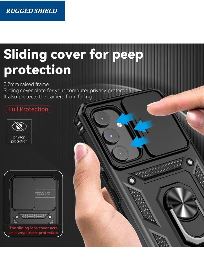 RUGGED SHIELD - Samsung Galaxy A'55 Case, Slide Camera Cover, Built in 360° Rotate Ring Kickstand, Drop Proof Shockproof Protection, Heavy Duty Shockproof Protective Case for Galaxy A'55 5G 6.5 inch, Black - Image 1