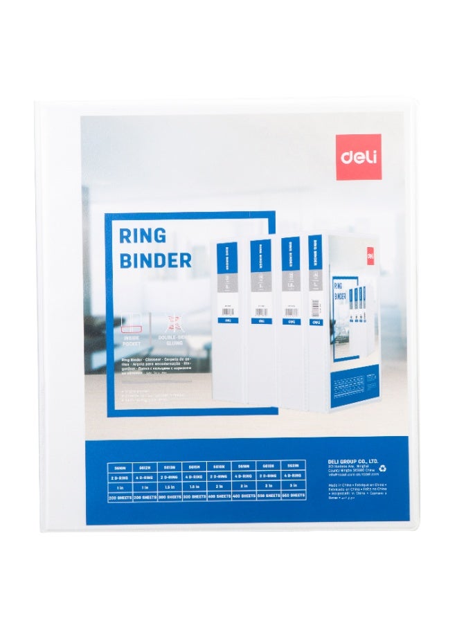 Deli E5616N A4 Ring Binder 2" 鈥?2D Ring File, Durable PP Material, Customizable Front & Spine Sleeve, Inside Pocket, White - Image 3