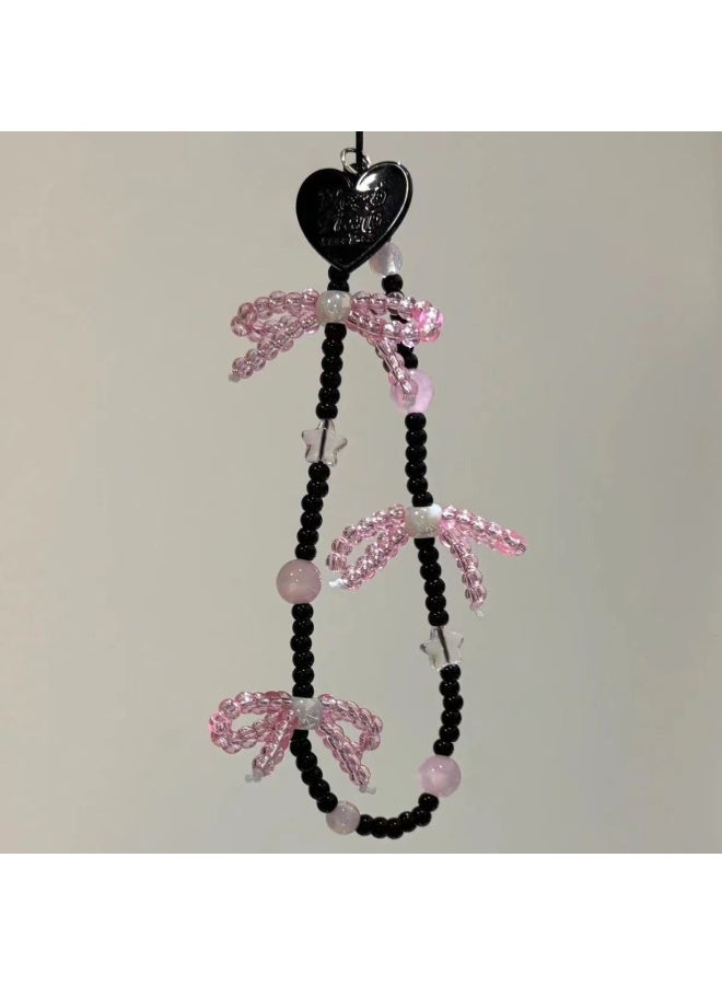 NIBEMINENT Phone Charm/ Chain Strap for Women Girls, Pink Bow Tie Black Heart Cell Phone Case Lanyard Wrist Strap