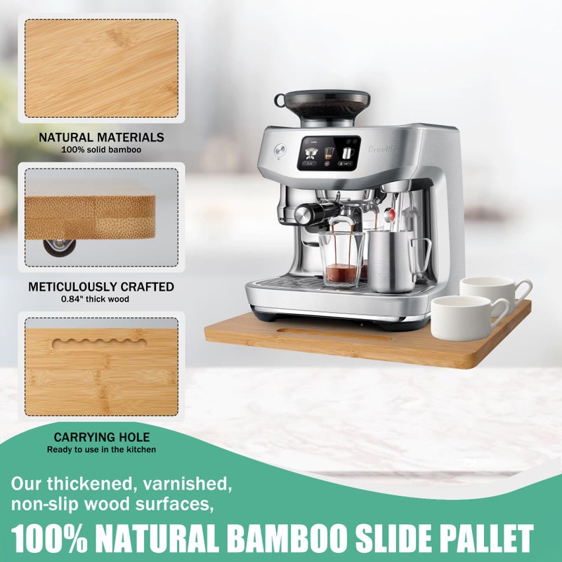 WANYISHUN Bamboo Sliding Appliance Tray,Coffee Maker Slider Tray with Rubber Wheels, Countertop Pull Out Organizer for Coffee Machines,Air Fryers and Other (Natural, Medium-Wide(13â€W x 10.5â€L)) - Image 4