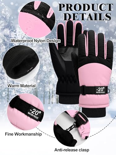 Geyoga Kids Waterproof Winter Snow Ski Gloves for Boy Girl Outdoor Warm Thickening Snowboard Gloves(6-10 Years,Pink) - Image 5