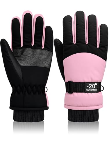 Geyoga Kids Waterproof Winter Snow Ski Gloves for Boy Girl Outdoor Warm Thickening Snowboard Gloves(6-10 Years,Pink) - Image 1