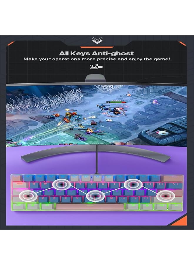 61 Keys Rgb Gaming Keyboard 60% Mini Wired Waterproof With Anti Ghosting Keyboard And Three Color Keycaps With Red Switch For Gamers(Blue White And Light Pink) - Image 3