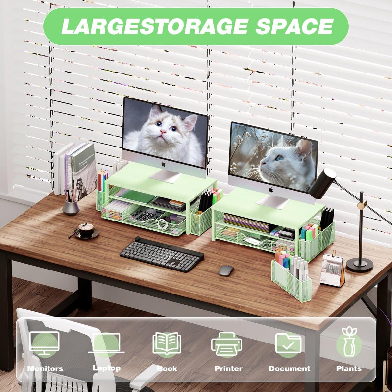 OPNICE Desk Organizers and Accessories, 2-Tier Computer Monitor Stand Riser with Drawer and 2 Pen Holders, Laptop Stand, Office Desk Accessories for Office Supplies, Green - Image 4